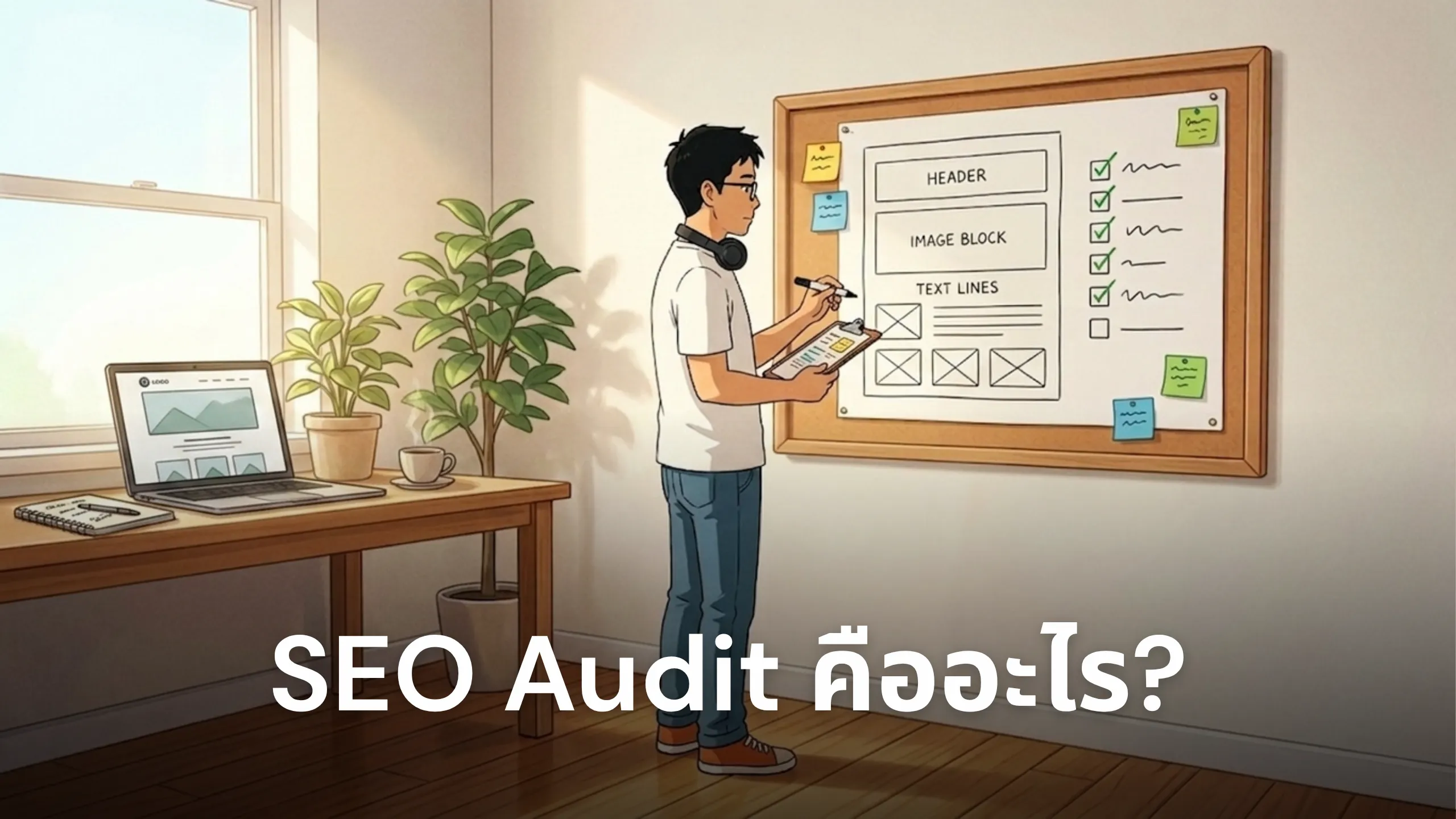 ชายยืนตรวจเช็คลิสต์ SEO บนบอร์ดที่มี wireframe หน้าเว็บ ในมุมทำงานริมหน้าต่าง
