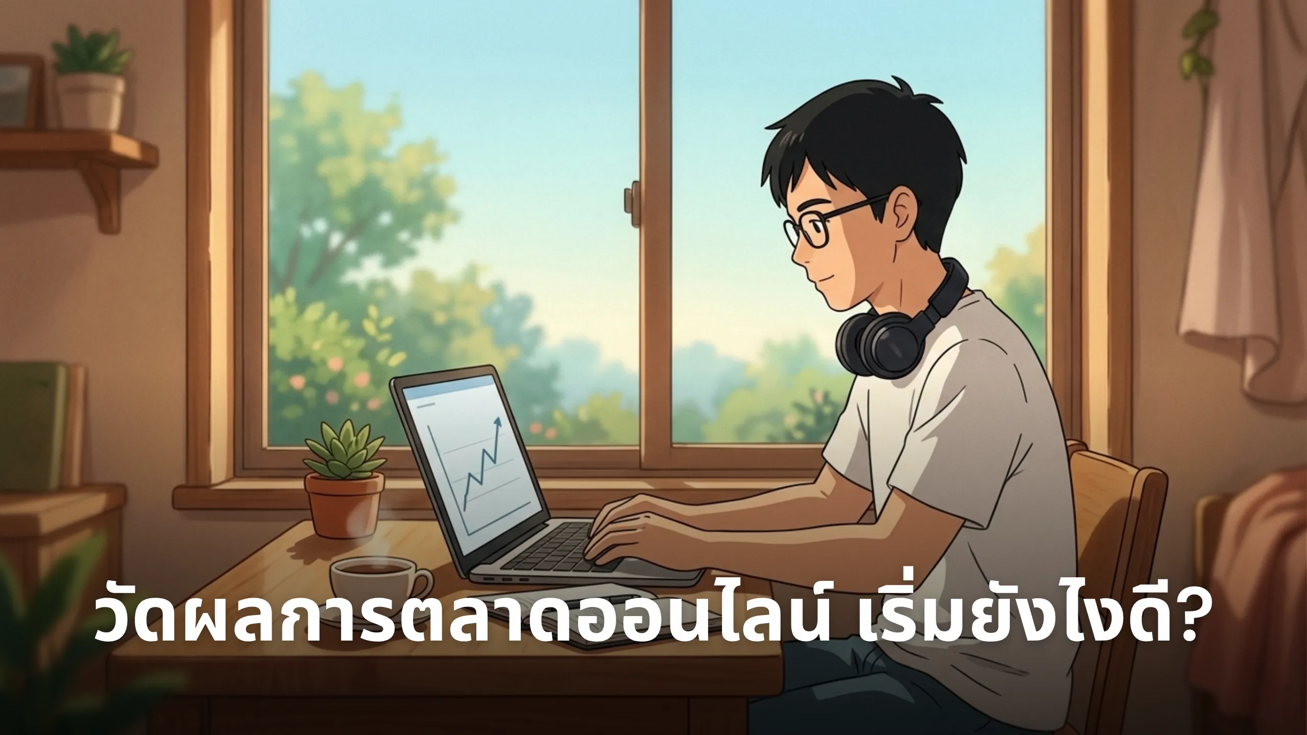 ชายนั่งทำงานที่โต๊ะริมหน้าต่าง ดูกราฟวัดผลการตลาดบนแล็ปท็อป
